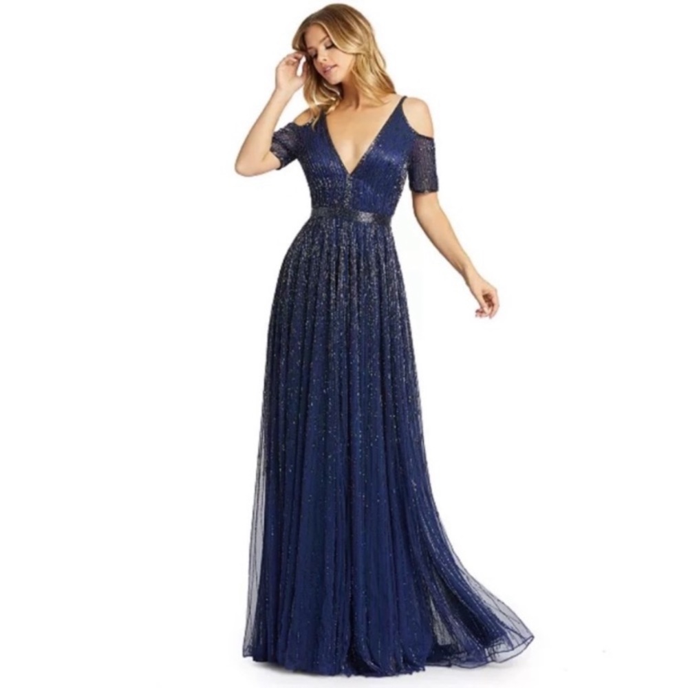 NWT Mac Duggal 5175M Beaded Cold Shoulder Beaded V Neck Formal Gown Dress Size 8